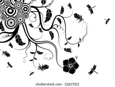 Floral frame with dragonfly and circle, element for design, vector illustration