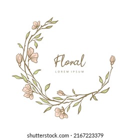 Marco floral. Elegante plantilla de logo dibujado a mano con flores rosas y mangas verdes. Ilustración vectorial de moda botánica para etiquetas, 
identidad de negocio de marca, invitación de boda