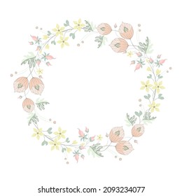 Floral frame. Elegant lovely retro flowers in a wreath shape perfect for banner, wedding invitations, greeting cards, wedding decor in pastel colors on a white background