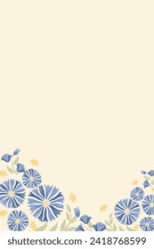 Floral frame embroidery border background for spring summer blue flowers vector illustration on white background vertical. 
