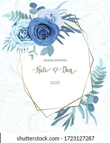 Floral frame with eucalyptus branches and  blue roses. Wedding invitation, save the date, rsvp, invite card. Vector illustration. Celebration vintage template