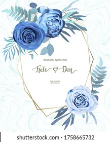 Floral frame with eucalyptus branches, blue roses and peony. Wedding invitation, save the date, rsvp, invite card. Vector illustration. Celebration vintage template