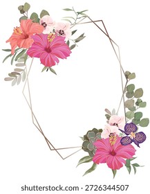 Floral frame with eucalyptus branches, flowers. Wedding invitation, save the date, rsvp, invite card. Vector illustration. Celebration vintage template