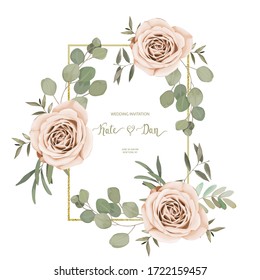 Floral frame with eucalyptus branches and roses. Wedding invitation, save the date, rsvp, invite card. Vector illustration. Celebration vintage template