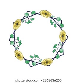 Floral frame with  eucalyptus leaves and gerbera flowers. Vector illustration