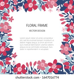 Floral frame flat vector template. Square border with abstract purple flowers and green leaves. Botanical social media banner layout with text space. Abstract blossom elements hand drawn poster design