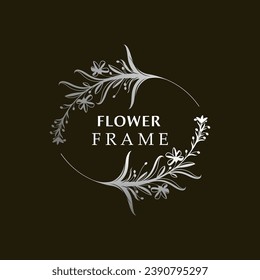 Floral frame flower round shape emblem logotype isolated on white background, leaves luxury linear logo circle style boutique