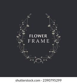 Floral frame flower round shape emblem logotype isolated on white background, leaves luxury linear logo circle style boutique