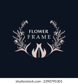 Floral frame flower round shape emblem logotype isolated on white background, leaves luxury linear logo circle style boutique