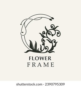 Floral marco floral forma redondo emblema logotipo aislado en fondo blanco, deja el logotipo lineal de lujo estilo de círculo estilo boutique