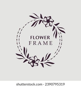 Floral frame flower round shape emblem logotype isolated on white background, leaves luxury linear logo circle style boutique