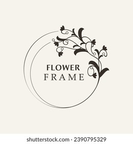 Floral marco floral forma redondo emblema logotipo aislado en fondo blanco, deja el logotipo lineal de lujo estilo de círculo estilo boutique