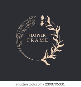 Floral frame flower round shape emblem logotype isolated on white background, leaves luxury linear logo circle style boutique
