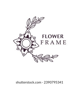 Floral frame flower round shape emblem logotype isolated on white background, leaves luxury linear logo circle style boutique