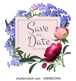 Floral frame. Flowers botanical background for wedding invitation cards bouquet of flowers vector colored background. Illustration of bouquet peony and lilac and frame with text