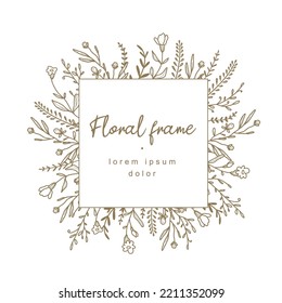 Floral frame with flowers branches and leaves. Elegant hand drawn logo template. vector illustration for labels, branding business identity, wedding invitation