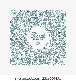 Floral frame with flowers, branches and leaves. Botanical composition. Design for label, invitation, card, poster. Linear graphic style. Vector illustration.