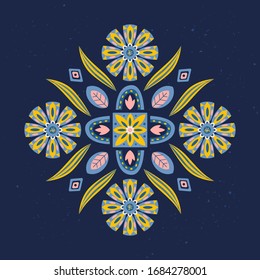 Floral frame with flowers and decor elements. Vector pattern template. Design artwork for the card, banner, poster, textile and home decor. Vector botanical illustration.