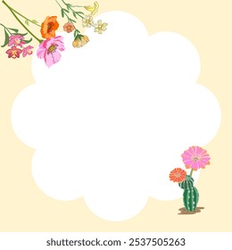 Floral Frame, Flowery Cloud Frame, Botanical Border, Blooming Shape, 
Floral Composition, Poppy and Cactus Frame, Wildflower Cloud Border, Desert Bloom Composition