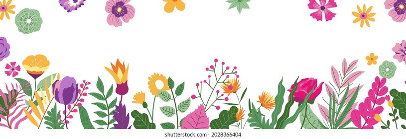 Floral frame with foliage and leaves, banner with copyspace. Springtime or summer decorative flowers and leaves, foliage and plants of wild meadows. Botany and blooming flora. Vector in flat style