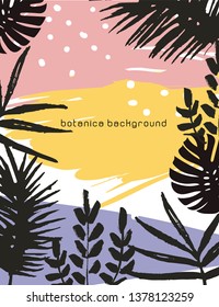 Floral frame. Foliage with monstera and palms. Botanica background. Invitation with jungle leaves. Vector illustration