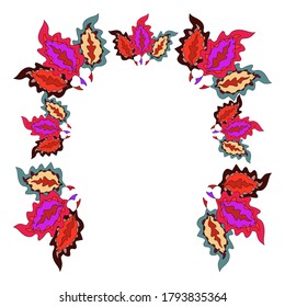 Floral frame in the form of an arch made of abstract colorful leaves. Isolated on white background. Hand-drawn. Vector illustration.