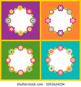 Floral frame in form of circle, collection of frames with flowers of different shapes and types flourishing plants set isolated on vector illustration