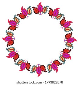 Floral frame in the form of a circle isolated on a white background. Abstract multicolored leaves. Vector illustration.