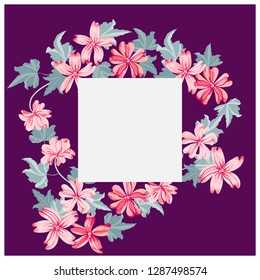 Floral  frame from gallant mallow wild flowers. Greeting card template. Design artwork for the poster, tee shirt, pillow, home decor. Summer garden flowers wreath.