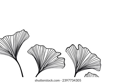 Floral frame with ginkgo biloba leaves, branches on white background. Ornate border with tropic leaves. Vector stock illustration for wallpaper, posters, card.  Doodle style. Copy space.