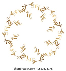 Floral frame with golden branches on white background. Ornament with gradient leaves. Vector stock holiday illustration. Template design for invitation, poster, card, postcard. Gold round border.