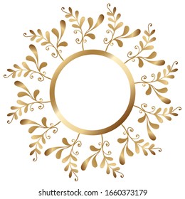 Floral frame with golden branches on white background. Ornament with gradient leaves. Vector stock holiday illustration. Template design for invitation, poster, card, postcard. Gold round border.