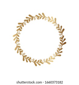 Floral frame with golden branches on white background. Ornament with gradient leaves. Vector stock holiday illustration. Template design for invitation, poster, card, postcard. Gold round border.