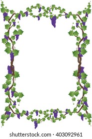 Floral frame with grapevine, grape clusters on a vine tree. Graphic element with copy space for text.
