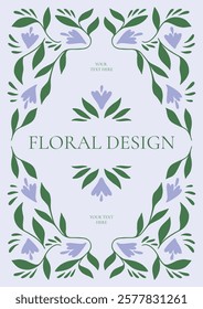 Floral FRAME with Green LEAVES, Light Purple FLOWERS. Decorative BORDER with Curved Branches and Petals. Invitation, Wedding, Anniversary Concept. Vertical Minimal TEMPLATE. Flat VECTOR Illustration