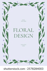 Floral Frame with Green Leaves and Purple Flowers Decorative Border Elegant Template for Wedding Invitation Poster Card Vector Illustration.