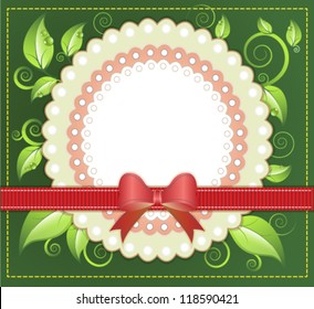 Floral frame with green leaves and red ribbon bow. Can be used for for invitation, greeting, happy birthday label, postcard frame, child album, holiday card, Valentine's day.