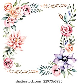 A floral frame greeting decoration with pink flowers plant and green leaf botanical art for wedding invitation