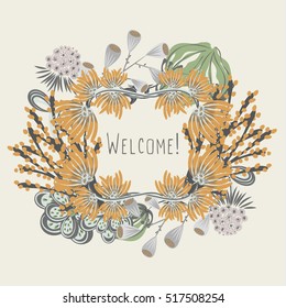 Floral frame. Hand drawn creative flower. Colorful artistic background with blossom. Abstract herb. It can be used for invitation, flyer, card. Vector illustration, eps10