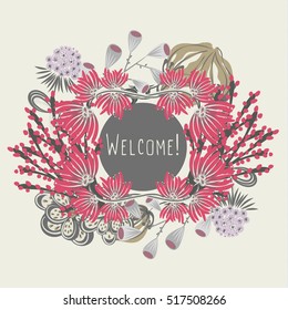 Floral frame. Hand drawn creative flower. Colorful artistic background with blossom. Abstract herb. It can be used for invitation, flyer, card. Vector illustration, eps10
