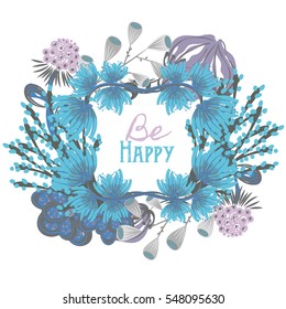 Floral frame. Hand drawn creative flower. Colorful artistic background with blossom. Abstract herb. It can be used for invitation, flyer, card. Vector illustration, eps10
