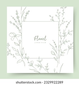 Floral frame with hand drawn delicate flowers, branches and leaves in line art style. Elegant greeting card template. Vector illustration for label, corporate identity, wedding invitation