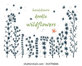 Floral frame. Hand drawn doodle Wild Flowers. Floral Set - Vector illustration. Floral background. Wildflowers. Flowers. Grass. Invitation card template