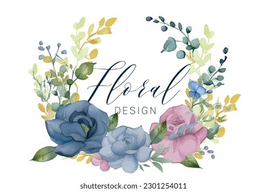 Floral frame of hand drawn flowers. Botanical line art wallpaper with flowers, branches eaves. Pastel watercolor floral design for banner, prints, wall art and home decor, wedding invitation
