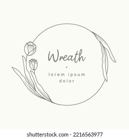 Floral frame, hand drawn in line style.Elegant wreath with tulips. Logo template. Vector illustration of minimal botanical decor elements for label, branding business identity, wedding invitation