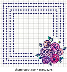 Floral frame. Hand drawn roses and leaves Vector design. Hand sketch line drawing. Decorative card with space for text. Artistic drawing Series of Cards, Blanks and Forms, Template