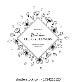 Floral frame with hand drawn spring cherry blossom in sketch style. Spring design for cards, banners, letters, invitations. Place for text