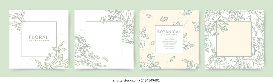 Blumenrahmen mit handgezeichneten Frühlingsblumen, Ästen und Blättern im Linienkunststil. Botanische Vektorvorlagen für Karte, Etikett, Corporate Identity, Hochzeitseinladung, Banner, Social Media, Verpackung
