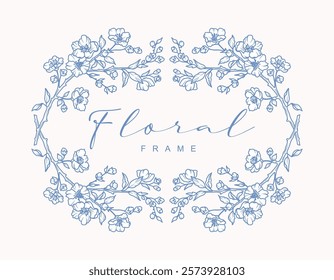 Floral frame with hand drawn spring blooming branches, leaves and flowers in line art style. Elegant flowers wreath. Vector illustration for label, branding, wedding invitation, card, save the date