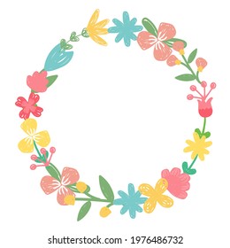 Floral frame in hand drawn style. Flowers wreath. Doodle design. Vector illustration.